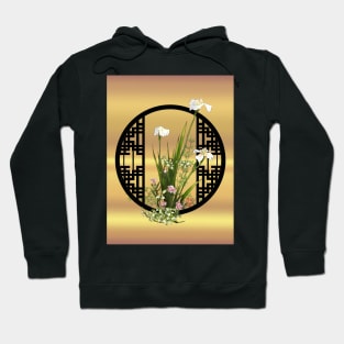 White iris watercolor flowers with a chinese lattice Hoodie